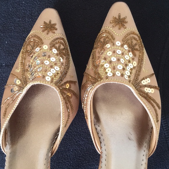 Gold Satin Slip on Shoes with Beading and Sequins - Picture 6 of 10